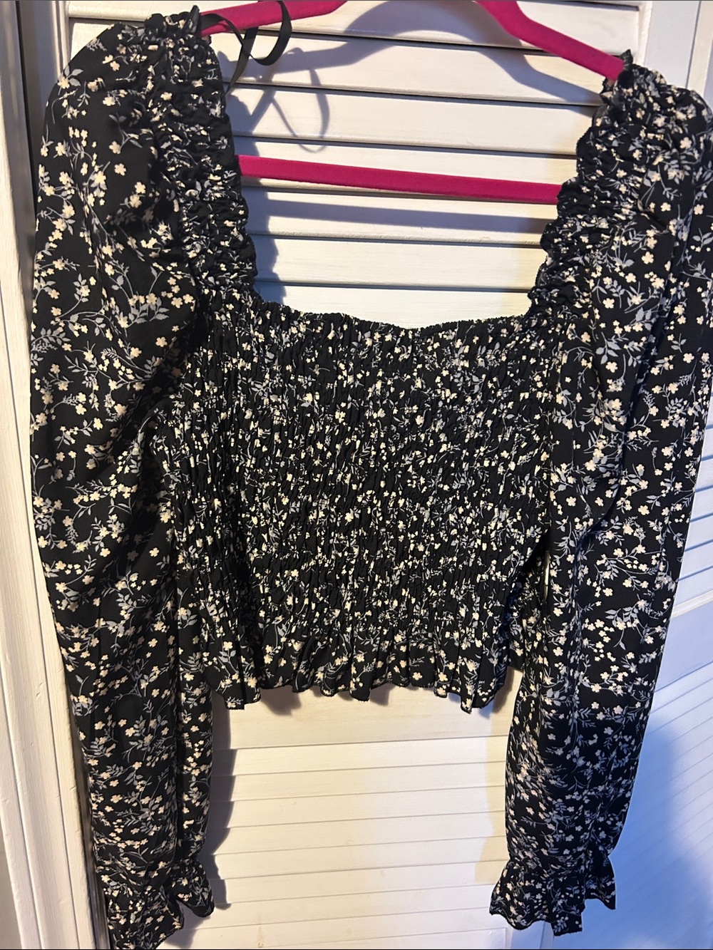 Papaya Smocked Square-Neck Floral  Top - Black. Large